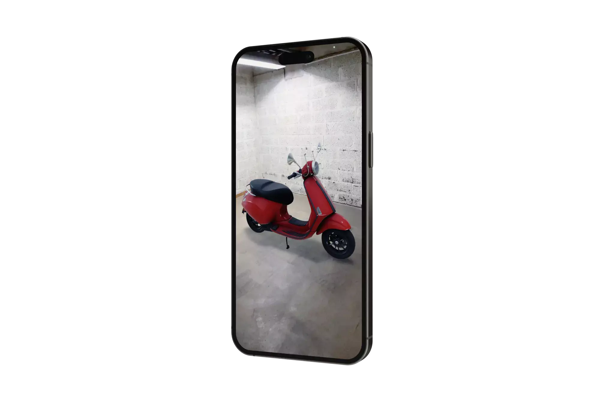 Röd Vespa placerad i ett rum med AR i en iPhone