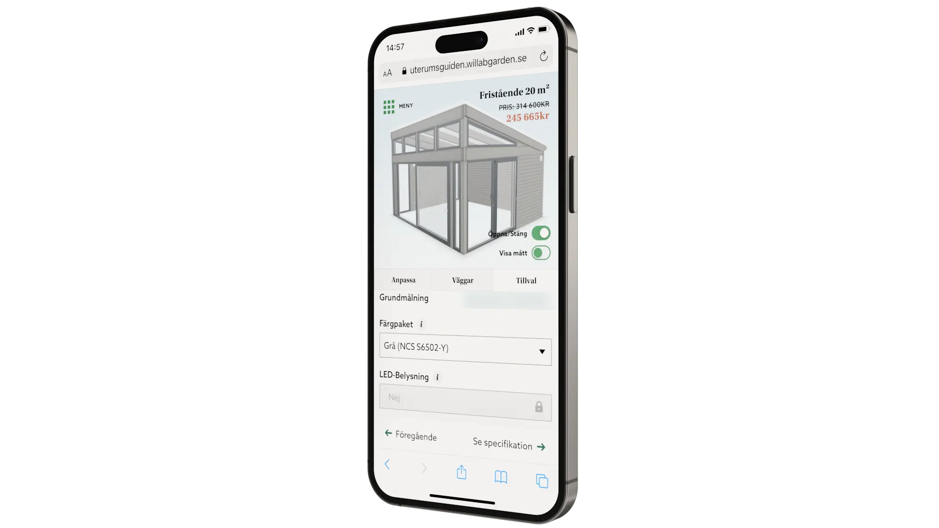 Willab Gardens 3D-konfigurator för växthus på en mobil