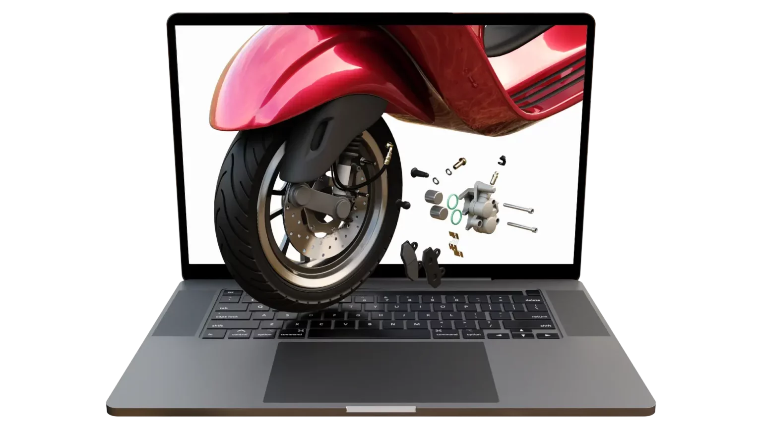 Vespa scooter in exploded view emerging from a laptop running Anipart
