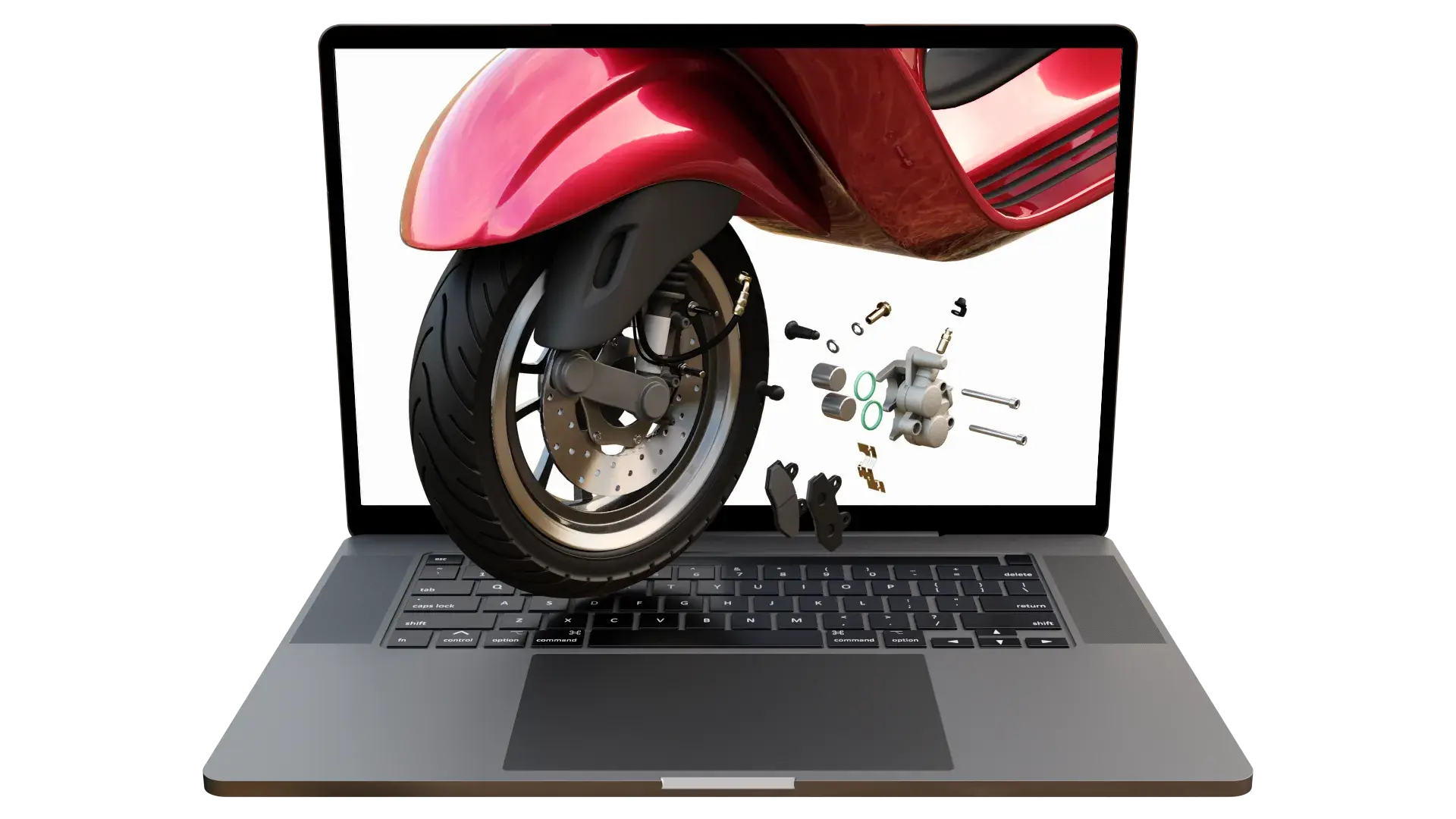 Anipart showing a scooter wheel assembly on a laptop