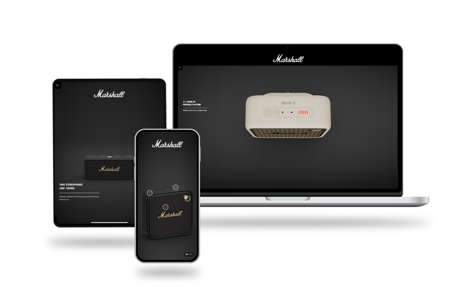 Marshall speakers in 3D on laptop, tablet and phone