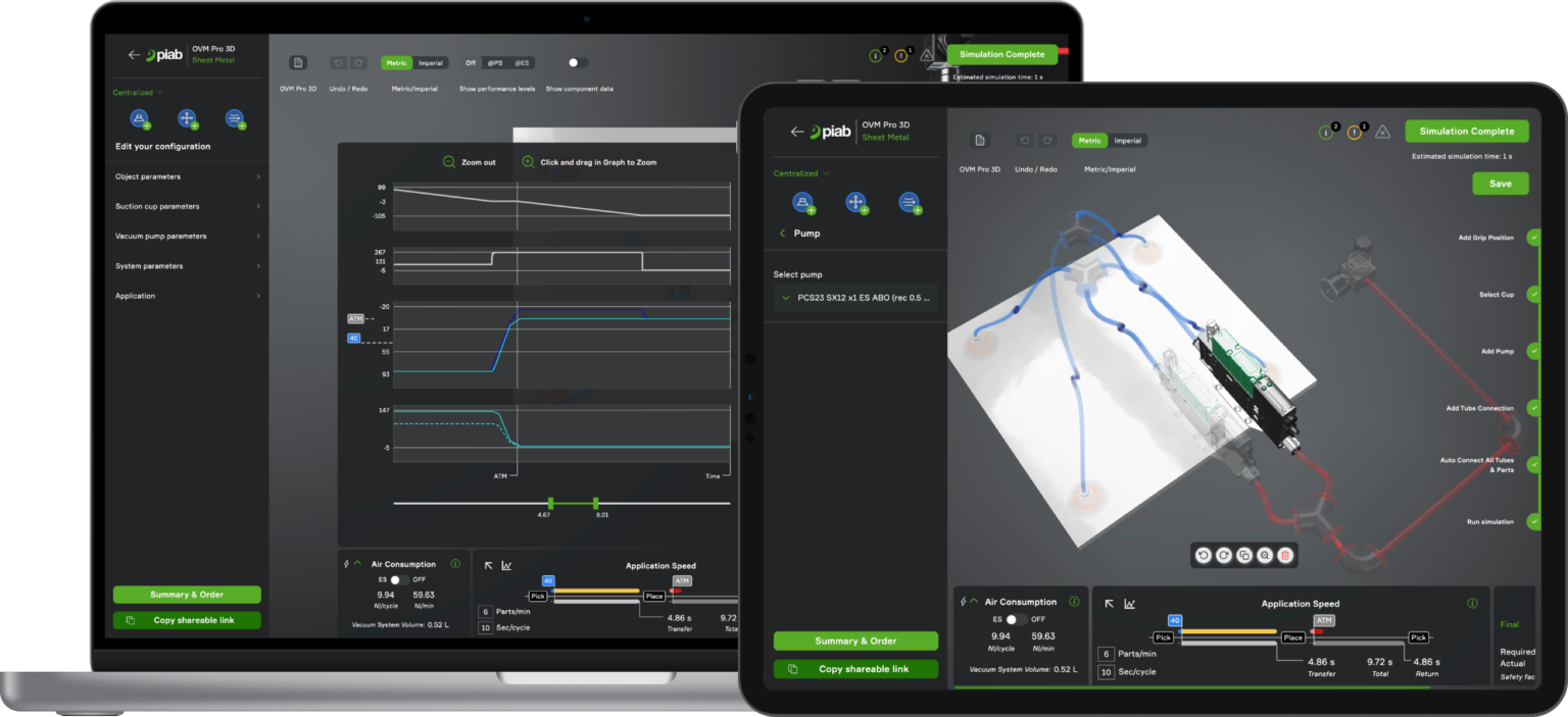 PIAB vacuum automation configurator on laptop and tablet
