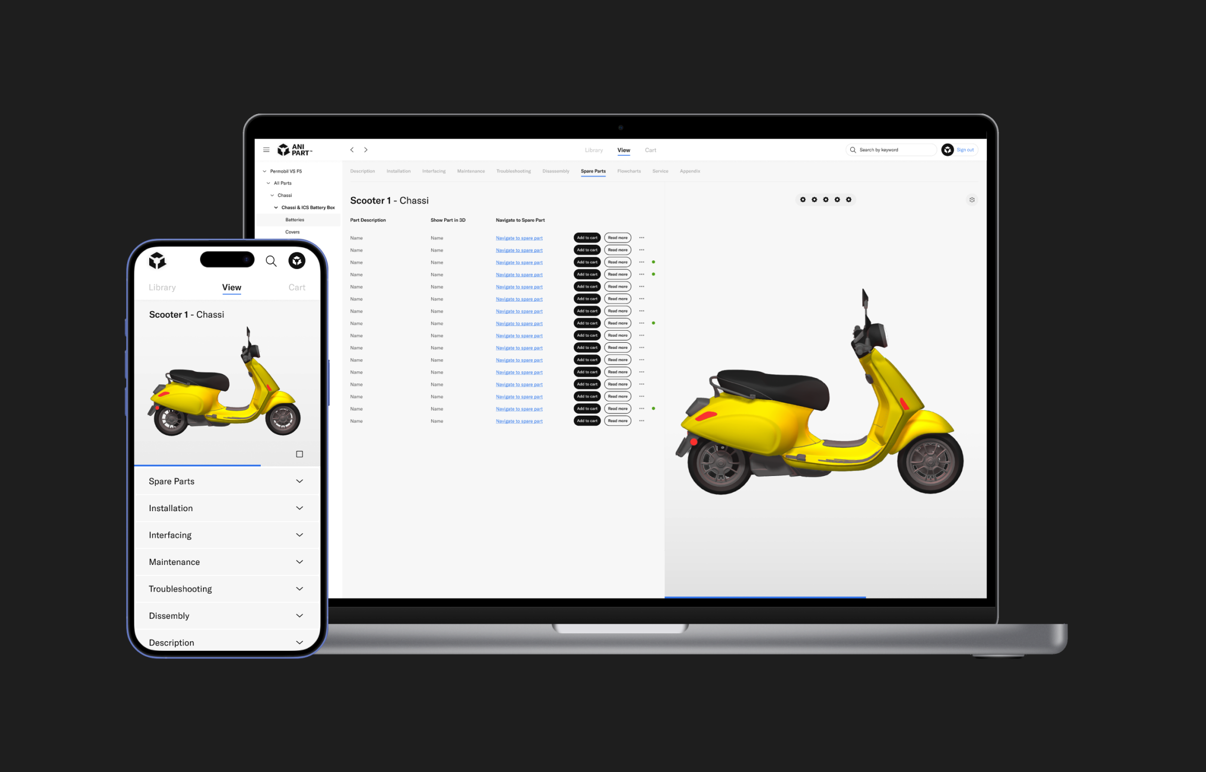 Anipart Client with spare parts list on laptop and phone
