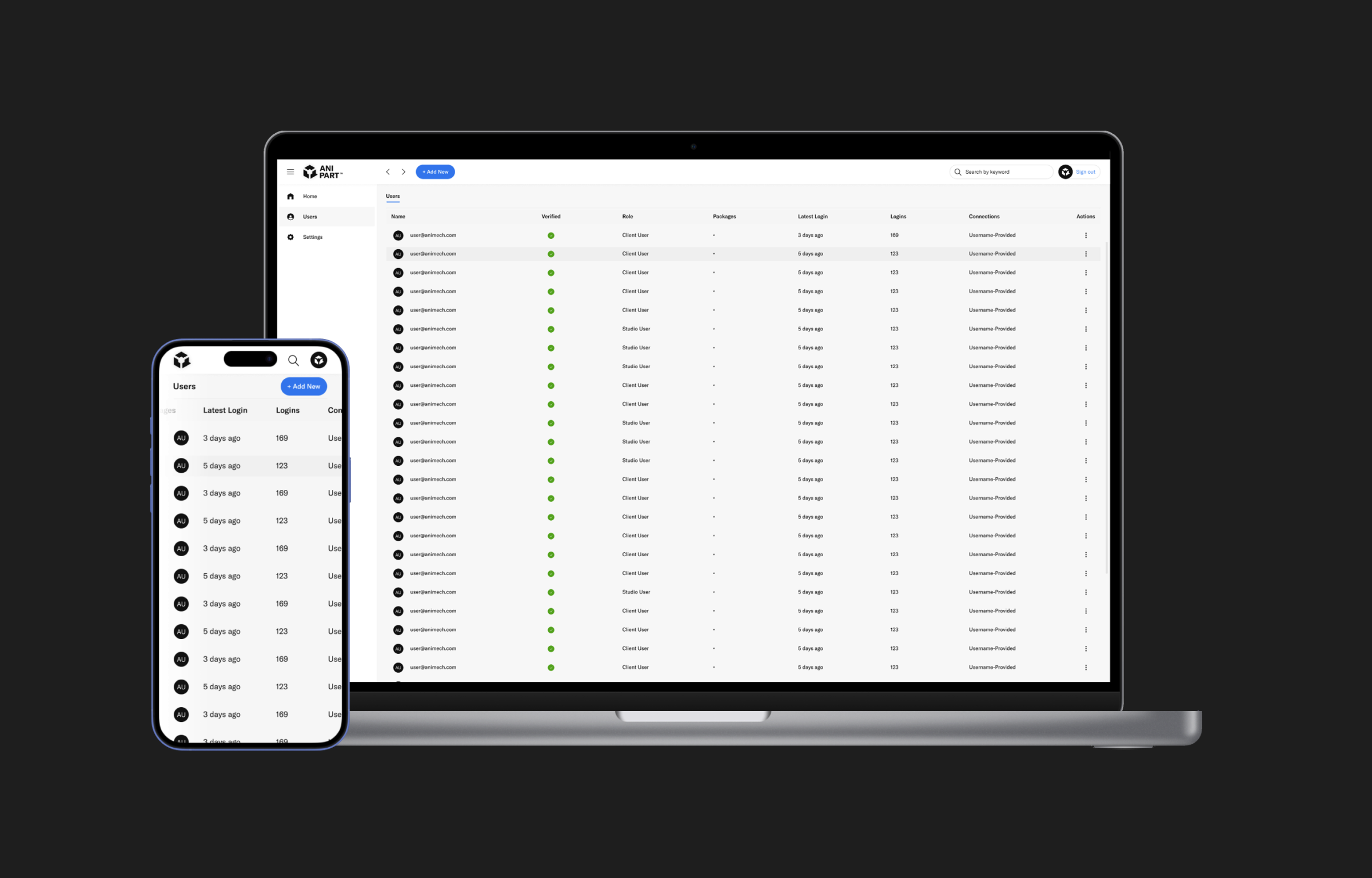 Anipart Dashboard user management on laptop and phone