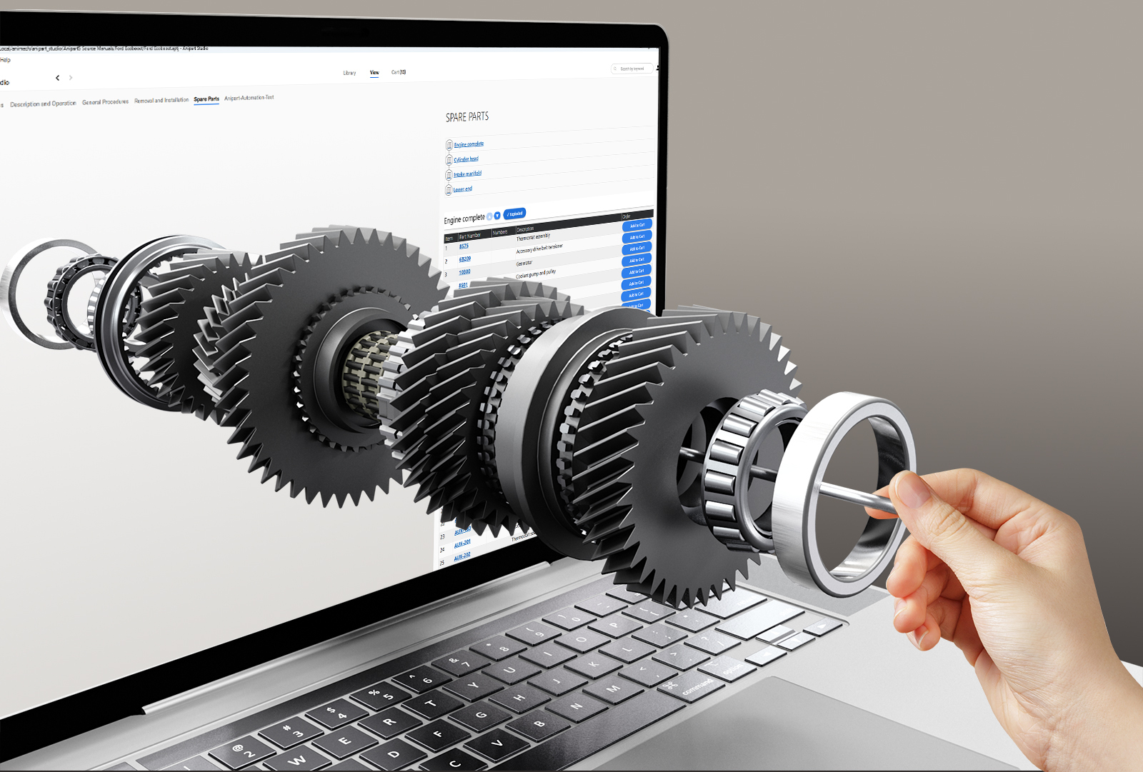 Anipart Studio spare parts view on a laptop, with an exploded gearbox lifting out of the screen