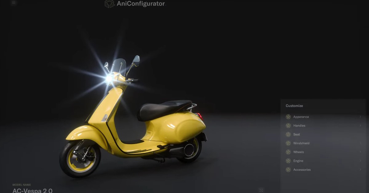 Aniconfigurator 3D product configurator showing a Vespa scooter