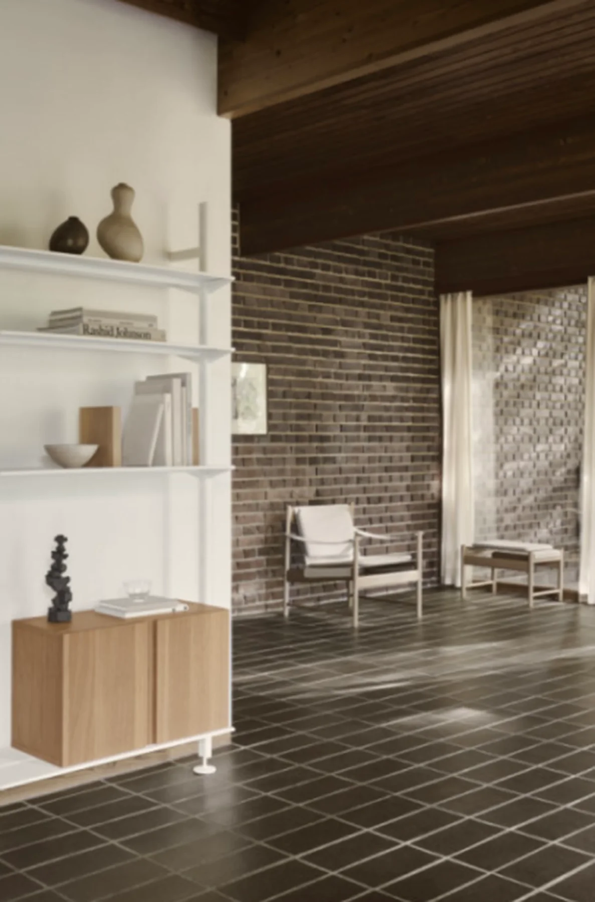 String modular shelving in a living space